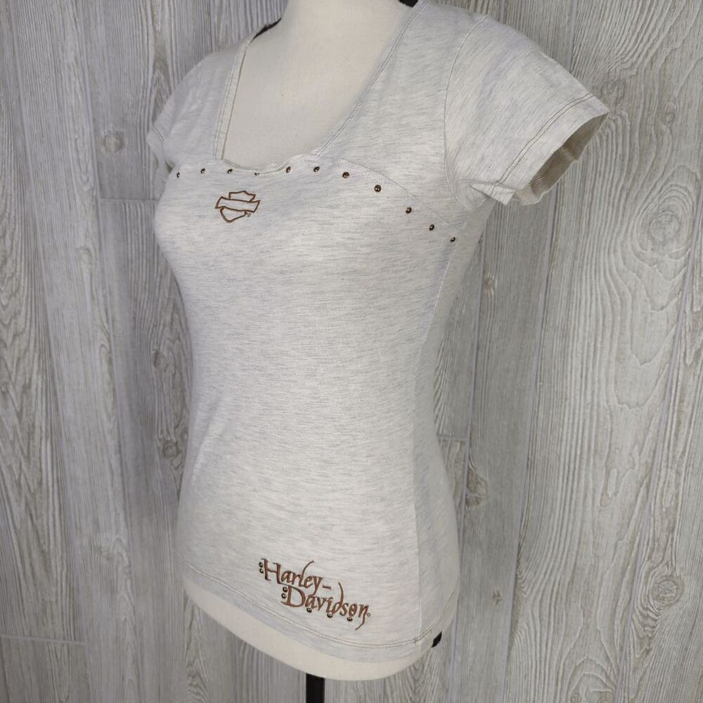 Vintage Y2K Harley Davidson Women’s Medium Grey Embellished Indiana Short Sleeve
